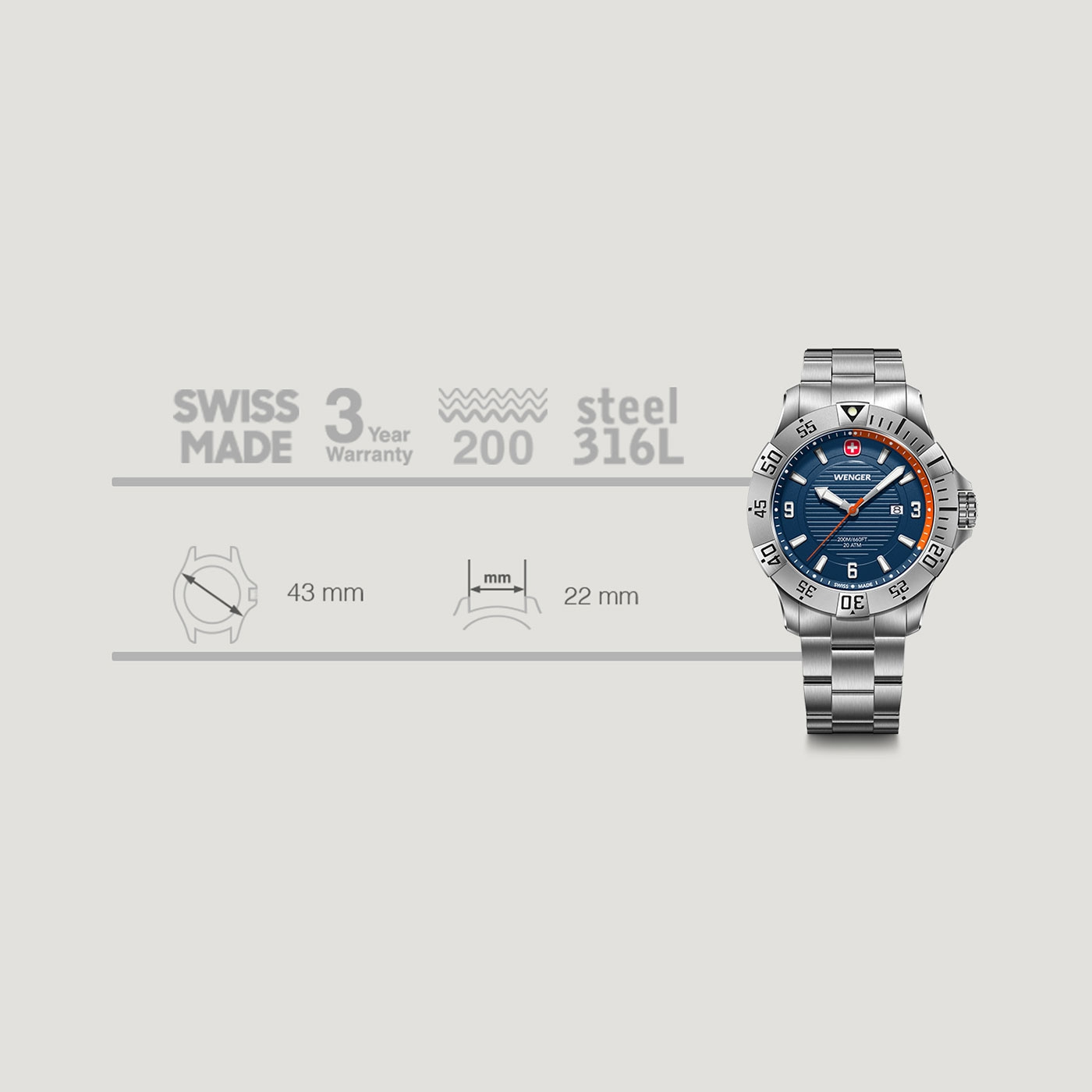 Herrenuhr silber-blau Ø 43 mm