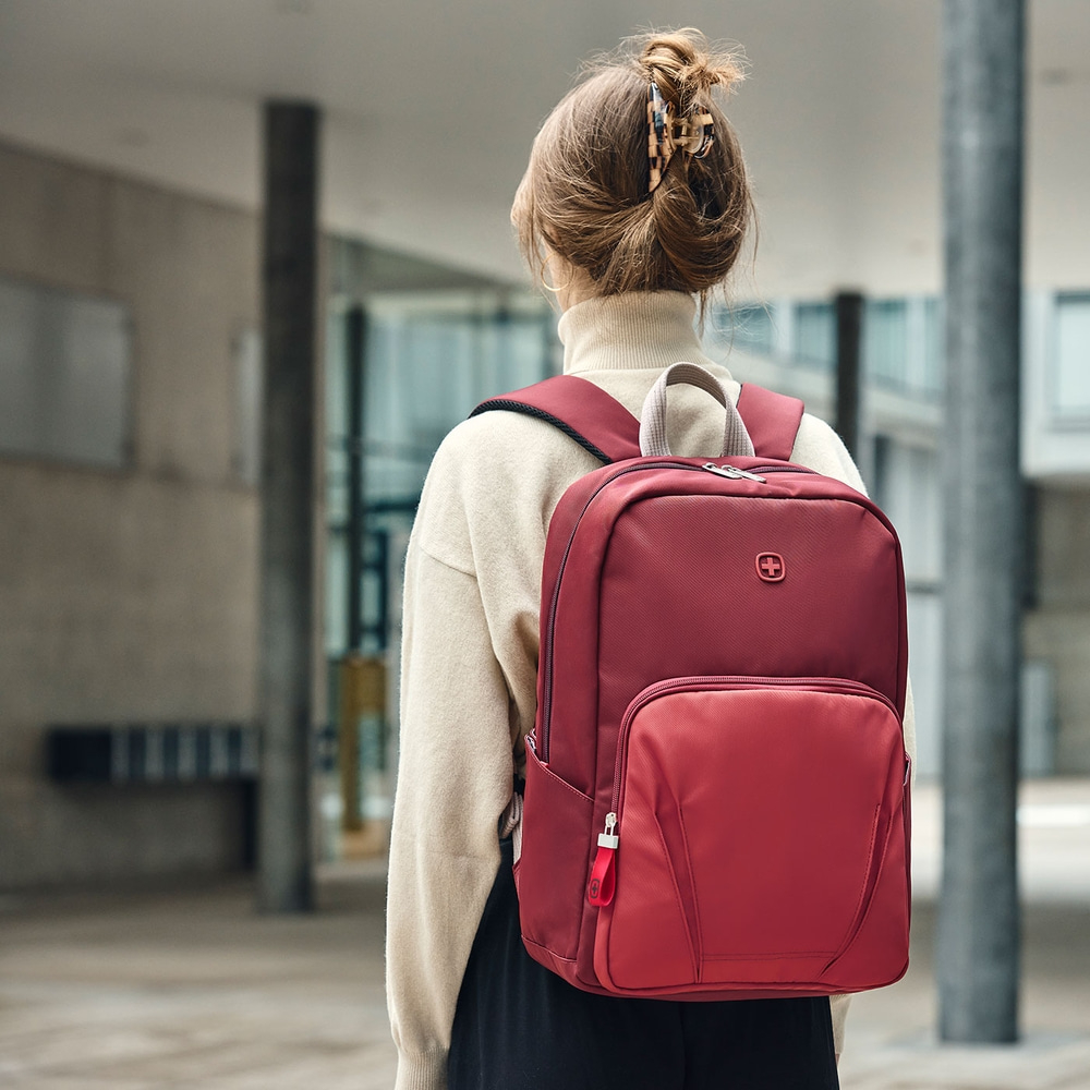Laptop-Rucksack für bis zu 15,6 Zoll, rot Trolleyriemen für komfortables Reisen mit mehreren Gepäckstücken