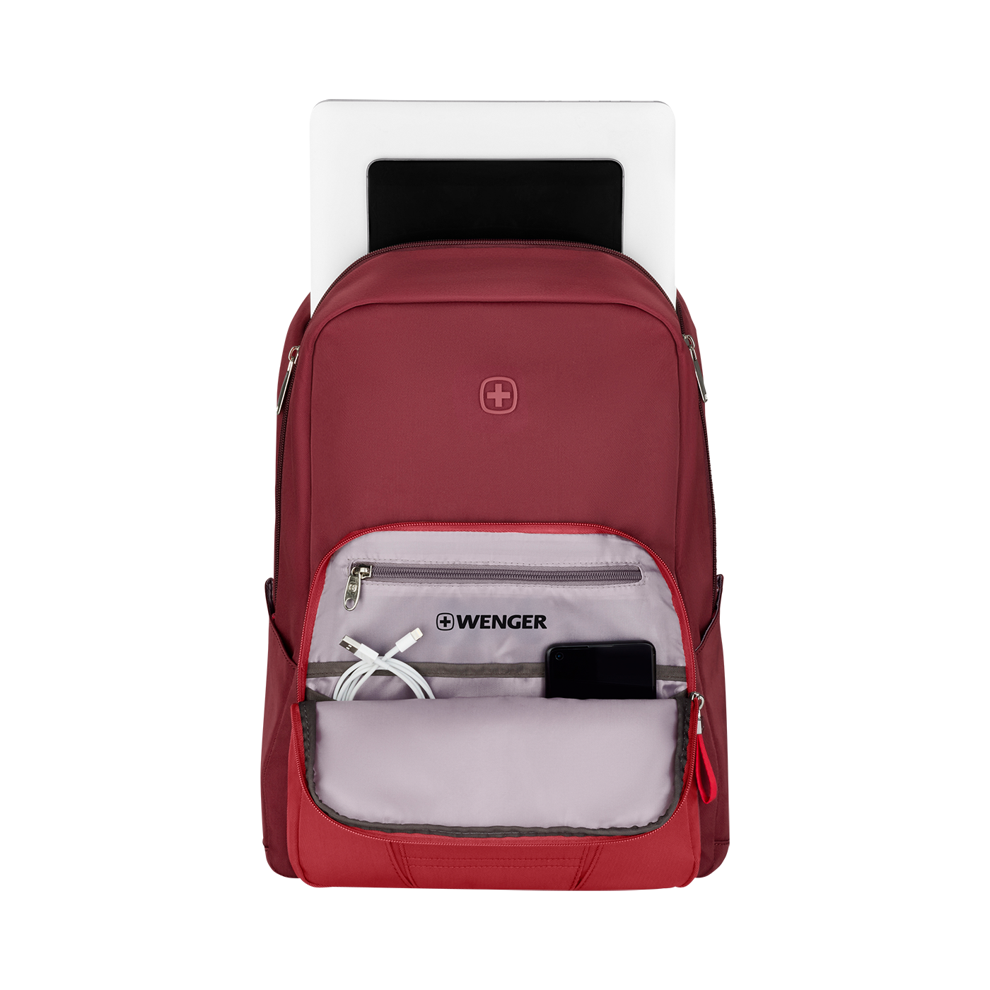 Laptop-Rucksack für bis zu 15,6 Zoll, rot Trolleyriemen für komfortables Reisen mit mehreren Gepäckstücken
