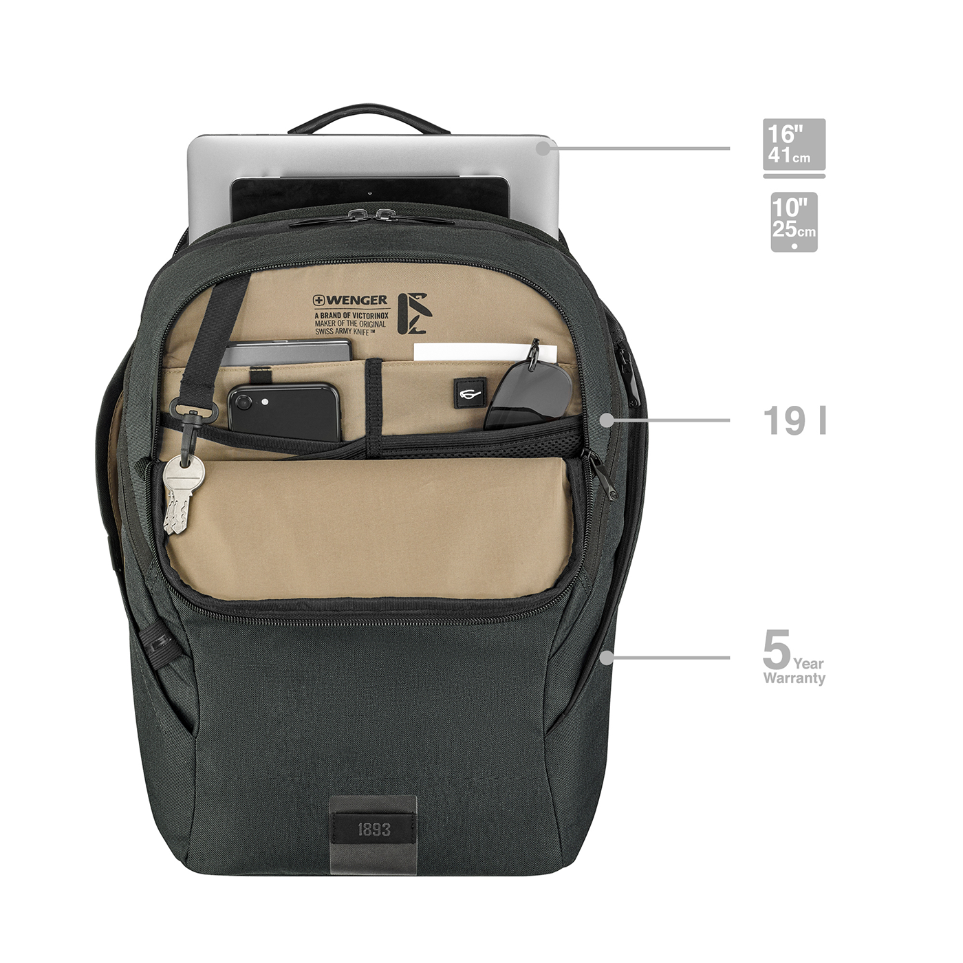 16 Zoll Laptop-Rucksack mit Tablet-Fach, kohlefarben