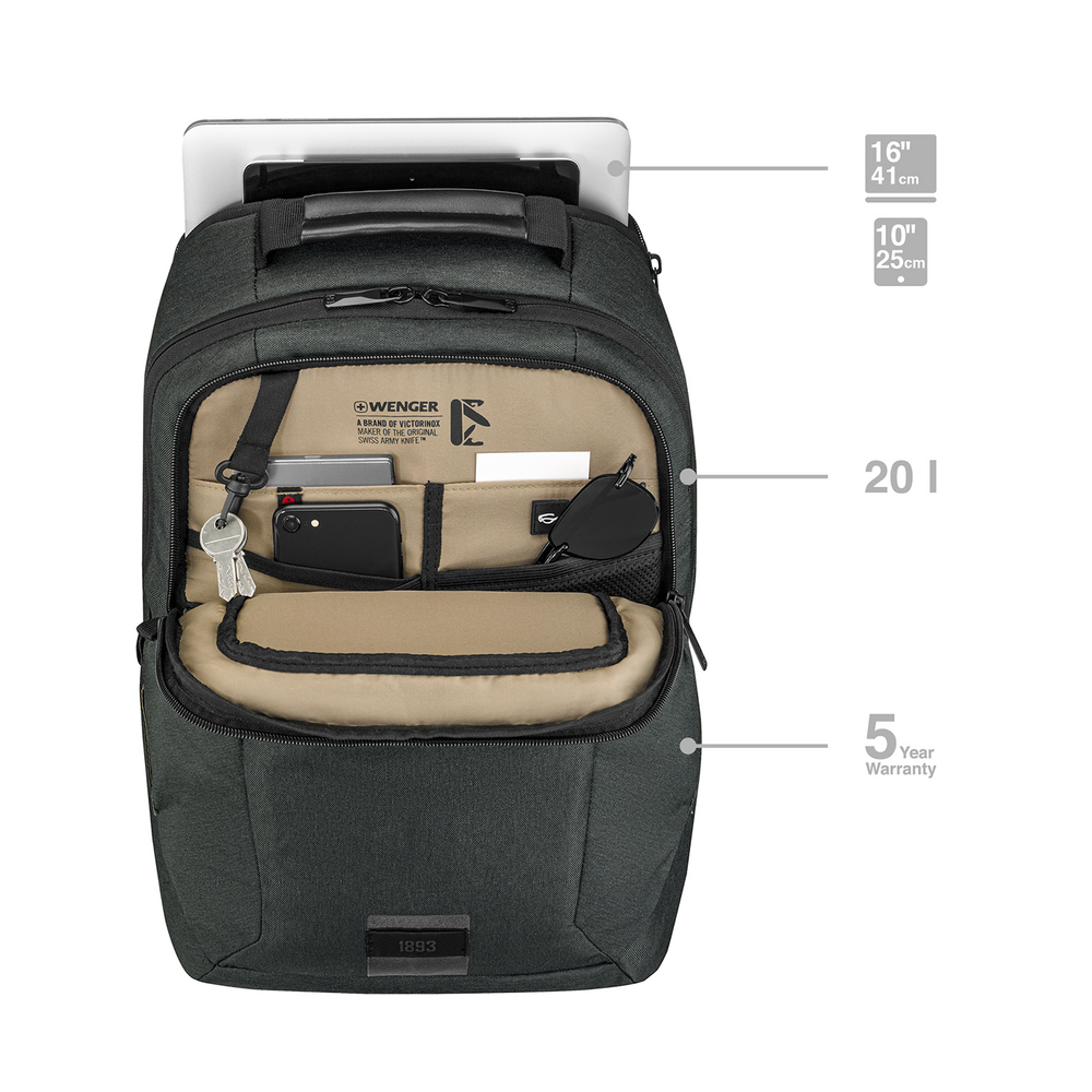 16 Zoll Laptop-Rucksack mit Tablet-Fach, kohlefarben