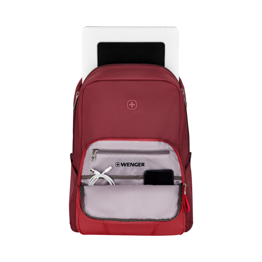 Laptop-Rucksack für bis zu 15,6 Zoll, rot Trolleyriemen für komfortables Reisen mit mehreren Gepäckstücken
